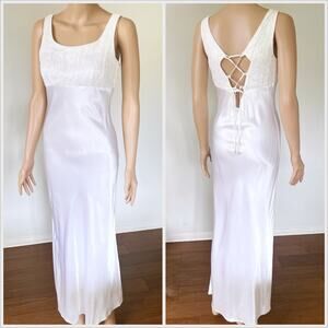 Vintage 90s Slip Wedding Dress White Bias Cut Maxi Satin // Size‎ Small